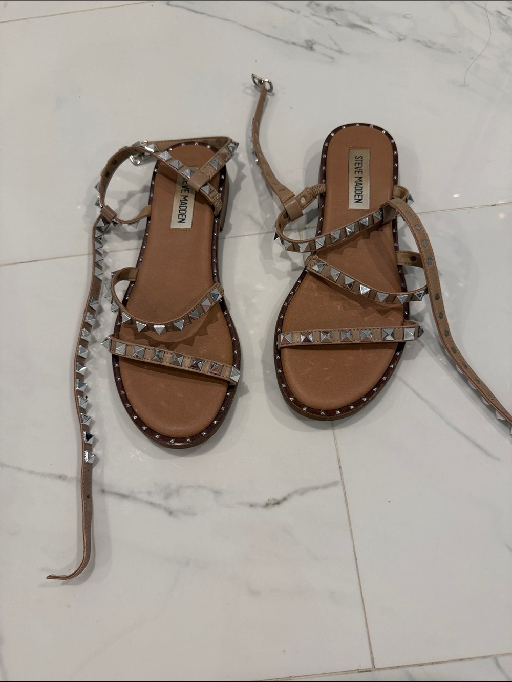 Steve Madden Tan Pyramid-Stud Wrap Sandals
